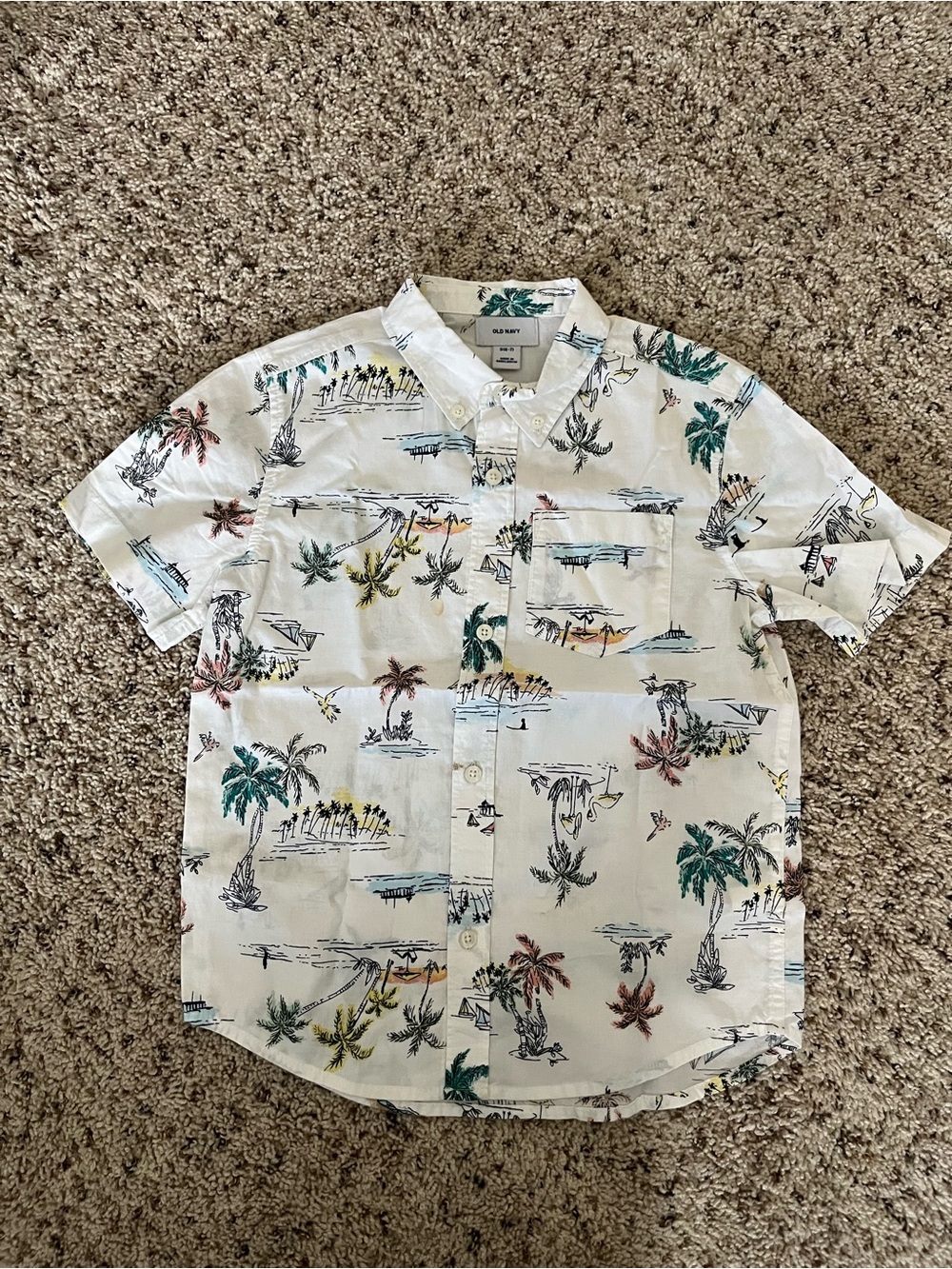 Old Navy Boys White Button Down Shirt Small 6/7 Palm Tree Beach Print